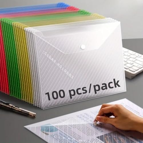 Mixed Color+White, Transparent A4 File Bag, Button Storage Bag, Used for Office Storage Boxes and File Bags, Back to School Supplies (200)