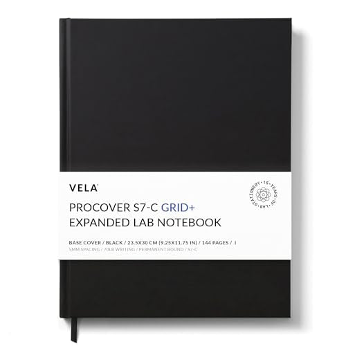 Vela Sciences Advanced S7-C Expanded ProCover Lab Notebook, 9.25 x 11.75 in (23.5 x 30 cm), 144 Pages, Black Synthetic Leather, Permanent Bound, 70lb Heavyweight Paper (1-Pack, Grid+)