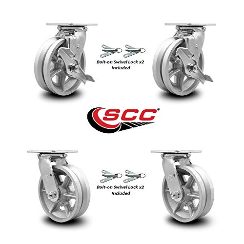6 INCH V Groove SEMI Steel Caster Set with Ball Bearings 4 Swivel Lock 2 Brake