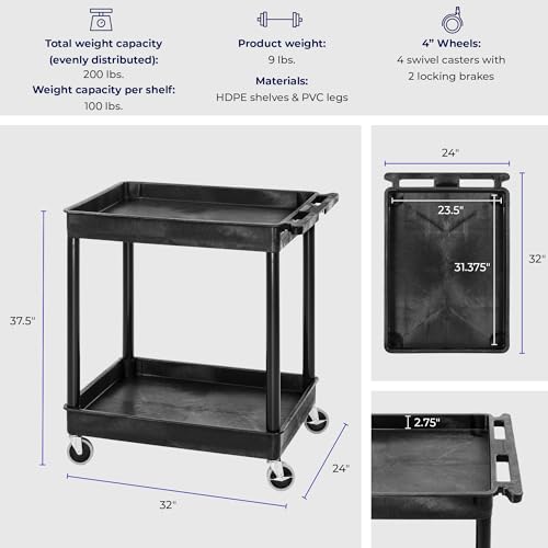 Stand Steady Tubstr Large 2 Shelf Utility Cart Supports Up to 200 lbs - Heavy Duty Deep Tub Cart, Rolling Storage Cart & Tool Cart for School, Office, Warehouse (32 x 24in)
