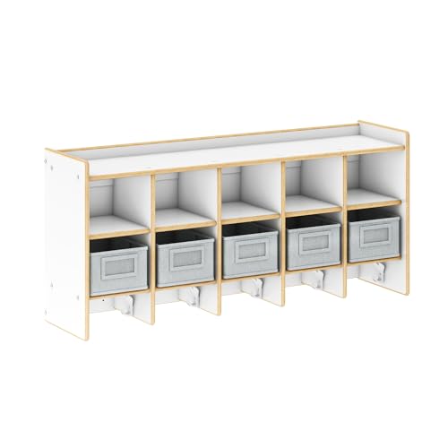 Guidecraft EdQ 10-Section Wall Mounted Locker, Kids White Wooden Classroom Storage Locker with Divided Cubbies, Compartment Storage with Hooks for Playroom and Preschool