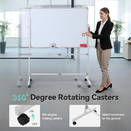 Mobile Rolling Double Sided Magnetic Whiteboard Easel on Wheels, Height Adjustable Steel Frame Dry Erase & Chalk Board with Lockable Casters, Accessory Kit for Office Classroom Home Teacher Supplies