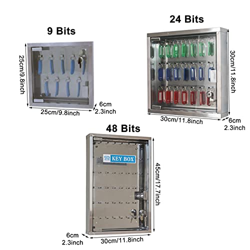 Key Cabinet Key Lock Box Wall Mount, Glass Clear Door, Wall Mounted Stainless Steel Key Storage Box with Keys and Colored Key Labels (Size : 48)