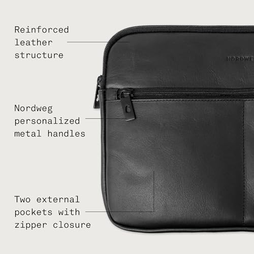 Nordweg Workplace Leather Notebook Case NW107 – Premium Leather Laptop Sleeve with Padded Protection & Zippered Front Pockets (Black, 12.6" x 8.85")
