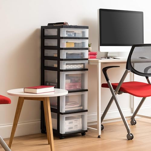 IRIS USA 7-Drawer Rolling Storage Cart with Wheels, 2-Pack, Black/Clear