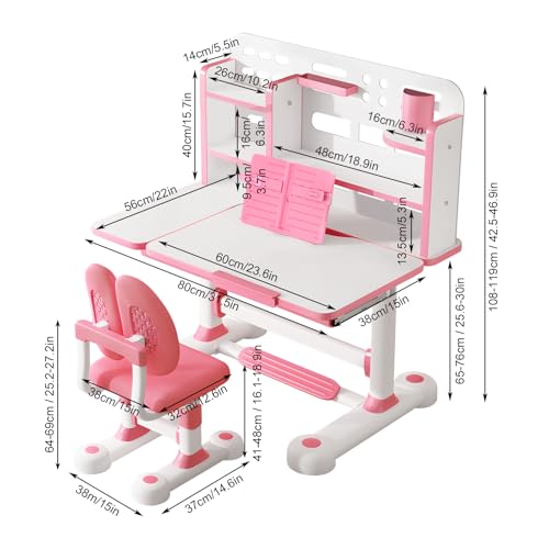 Kid's Study Desk and Chair Set, Height Adjustable Children's Desk with 50-Degree Tiltable Desktop, Bookshelf & Storage Drawer, Ergonomic Study Table Set for Bedroom (Pink)