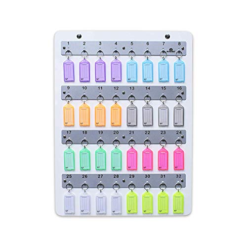 Acrimet Wall-Mounted Key Holder Rack – White Wood Board Key Stand Organizer with 32 Numbered Hooks – Includes 32 Plastic Key Tags with Metal Rings & Labels
