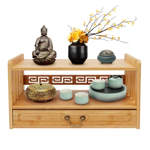 Bamboo Storage Table 3 Tier With Drawer For Spiritual (Wood Color)