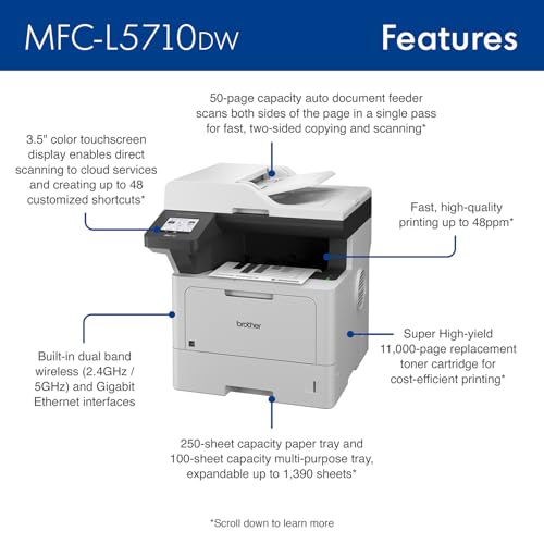 Brother MFC-L5710DW Business Monochrome Laser All-in-One Printer with Wireless Networking and Duplex Print, Scan, and Copy, Works with Alexa
