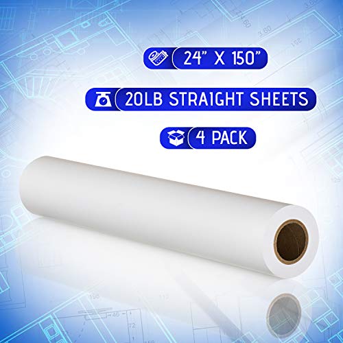 FHS Retail Super Grade CAD Paper Rolls (24” x 150', 20lb) | Ink Jet Bond Rolls With 2” Core | Ultra-White, Wood-Free 80GSM Plotter Paper For Engineers, Architects, Copy Service Shops (4 ROLLS)