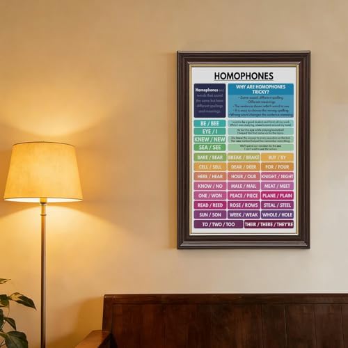 HOMOPHONES POSTER English Language Grammar Chart Correct Spelling Homeschool Classroom Resource Educational Poster 3 Canvas for Elementary Middle School Classroom Education Hanging Frame 24"L X 36"W