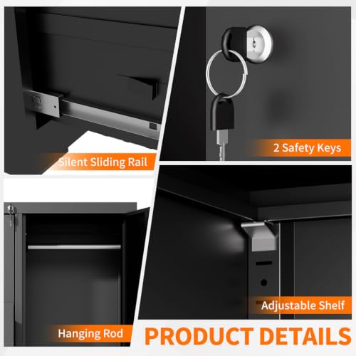 LMAOSS 4 Drawer File Cabinet with Lock, Vertical File Cabinet with Lock, 1 Door, Shelves and Adjustable Hanging Rails, Metal Storage Cabinets for Home, Office, Garage, School,Black