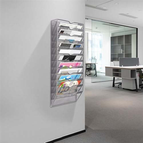 File Organizer Metal Mail Organizer Display Shelves A4 Wall Pocket File Holder 12 Tiers Magazine Storage Rack Desk(Black)