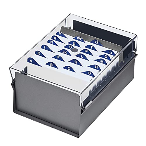 Acrimet 4 x 6 Card File Holder Organizer Box Metal Base Heavy Duty (AZ Index Cards and Divider Included) (Gray Color with Clear Crystal Plastic Lid Cover)