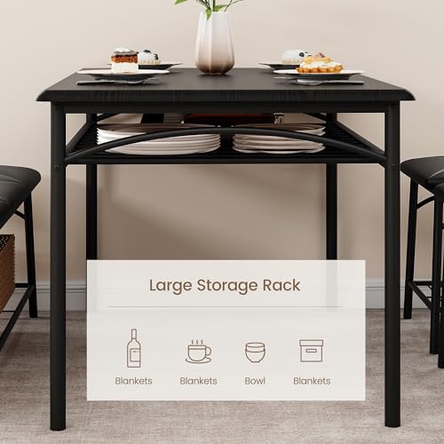 MOVECOM Dining Table Set for 4, 4-Piece Kitchen Table Set with Upholstered Bench & 2 Square Stools, Metal Frame Dinette Set with Storage Shelves, Space-Saving Dining Furniture for Small Spaces, Black