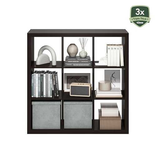 Furinno Cubicle Book Shelf, 9-Cube Bookshelf, Triple Thick Frame Cube Storage Organizer, 1.65" Bookcase, 15.4" x 43.8" x 43.4", for Home Office, Living Room, Black Oak