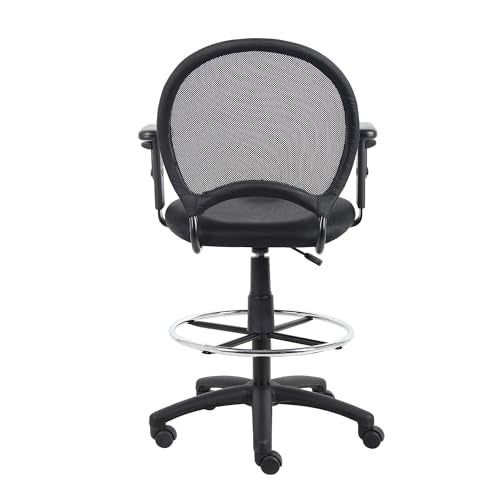 Benzara Rea Drafting Stool Chair, Adjustable Arms, Black Mesh, Chrome Footring
