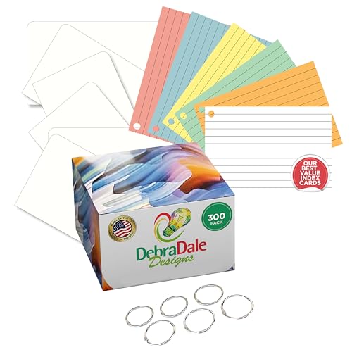 Debra Dale Designs Hole-Punched Ruled Index Cards – 300 Pack – 4" x 6" – 90 lb Stock – 6 Binder Rings + Divider Cards – Assorted Colors + White – with Storage Box – Made in USA