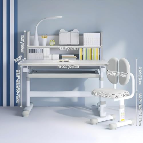 RKUVPAE Ergonomic Height Adjustable Desk and Chair Set with Tilted Desktop, Storage Drawers, LED Light, Bookstand, and Metal Hook – Perfect for School and Study
