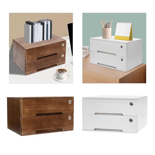 HGRROE 2-Tier Wooden Desktop Storage Box with Lockable Drawers, Office Supplies File Organizer, Flat File Cabinet for Office Study Desk Front Desk (White)