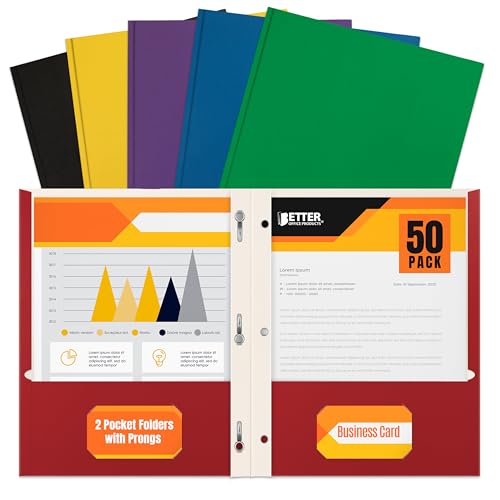 Better Office Products Letter Size Paper Portfolios with Prongs, Case of 50, Assorted Primary Colors, with Fasteners (2 Pocket Paper Folders with Brads)