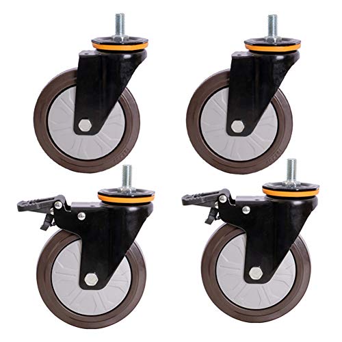 Mavvilo Heavy-Duty Rubber Casters Wheels 3-5 Inch M12 Thread 500Kg Load Capacity Quiet Dustproof Industrial Trolley 360掳 Swivel with Brake 4-Pack for Carts,5 Inch