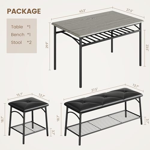 IDEALHOUSE Dining Table Set for 4, Kitchen Table with Upholstered Bench and 2 Chairs, Kitchen Table and Chairs Set with Storage Shelf,Small Space Saving Design, Easy Assembly, Retro Gray