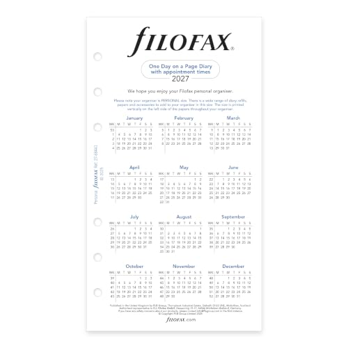 Filofax Calendar Diary Refill, Personal/Compact Size, Day on One Page with Appointments, Ruled, White Paper, English, 2027 (C68441-27)