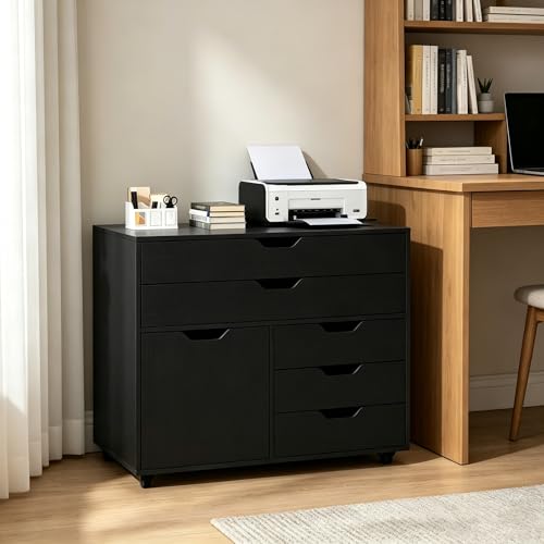 LOKO 5-Drawer Mobile File Cabinet, Wood Office Storage Cabinet (Black)