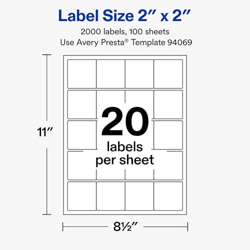 Avery® Glossy White Square Labels, 2" x 2", Laser/Inkjet Printer Compatible, 2000 Printable Labels Total, Great for Branding, Packaging, Organizing, and More
