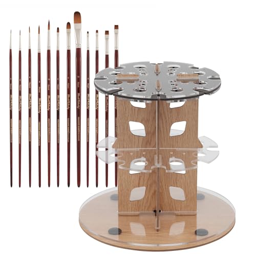 Mezzo Rotating Paint Brush Storage Rack with Creative Mark Mimik Kolinsky Synthetic Sable Brush Set of 12 Long Handle Paint Brushes with Brush Drying Carousel - Holds Up to 28 Brushes