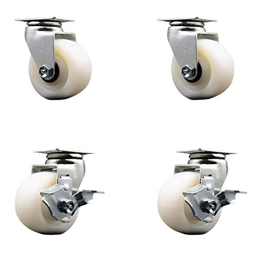 4 INCH Nylon Swivel Caster Set with Roller Bearings 2 Brakes SCC
