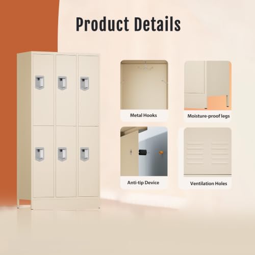KAER 6 Door Metal Locker for Employees, Lockable Steel Locker Organizer, Heavy-Duty Storage Cabinet with Shelves and Hooks, Metal Storage Lockers for Home Office School Gym Garage, Beige