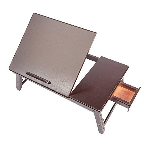 Bamboo Lap Desk Breakfast Serving Tray Laptop Cup Stand Folding Adjustable Height Side Drawer Storage More Space Table Top Book Laptop Notebook Retro Plain Design Home Office Utility Study Room Bed
