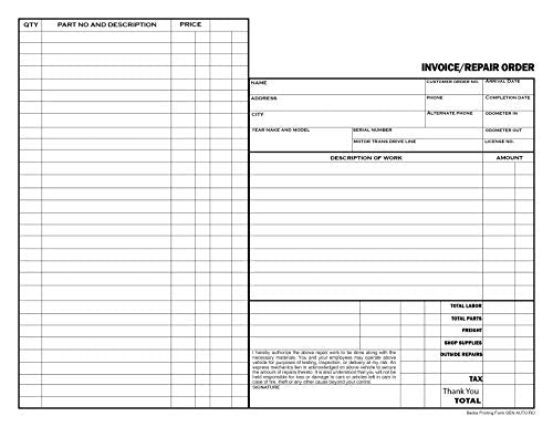 Automotive Repair Order and Invoice Receipt Form - 2 Part Carbonless Form (250 Pack)
