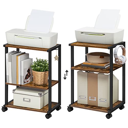 HOOBRO Mobile Printer Stand, 3-Tier Printer Cart Under Desk with Storage, Industrial Adjustable Rolling Cart, Sturdy Little Table on Wheels for Home Office BF28PS01