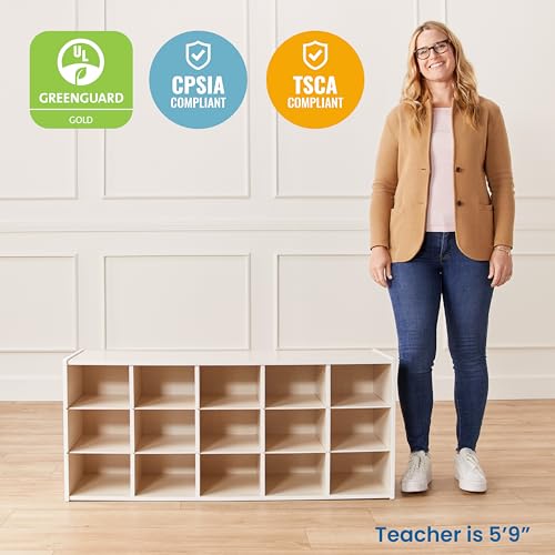 ECR4Kids Streamline 15 Cubby Tray Storage Cabinet, 3x5, Classroom Furniture, White Wash