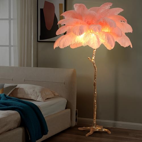 MAYOLA Luxury Resin Ostrich Feather Lamp, 35 Pieces Real Ostrich Feathers,Floor Light for Living Room, Bedroom and Office 67” Tall Feather Lamp(Pink, Floor Lamp)