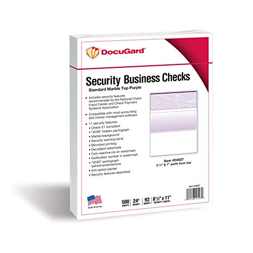 DocuGard Standard Purple Marble Top High Security Check Paper - QuickBooks & Laser/Inkjet Printer Compatible - 11 Security Features - 500 Blank Business Checks (04507)