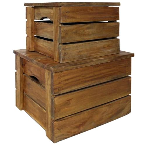 VGLQNRPT Set of 2 Vintage Wooden Storage Crates, Solid Mahogany Decorative Organizing Boxes for Home Organization, Rustic Brown Nested Crates for Shelves and Decor