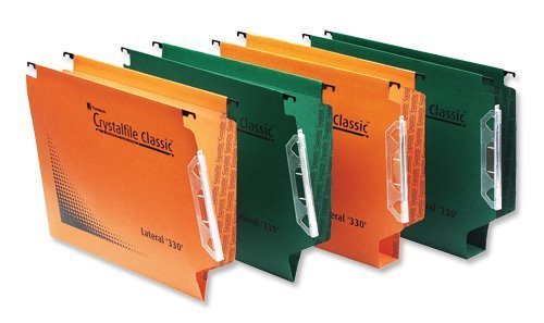 Rexel 330 Lateral Hanging Files with Tabs and Inserts, 15 mm V-Base, 100 Percent Recycled Manilla, Orange, Crystalfile Classic, Pack of 50, 70671