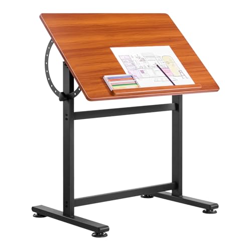 VEVOR Drafting Table, Adjustable 0°–90° Tilt Drawing Desk, Portable Artist Table with Black H-Frame and Brown Desktop, Wooden Painting Desk Craft Workstation for Reading, Writing, Crafting, Meeting