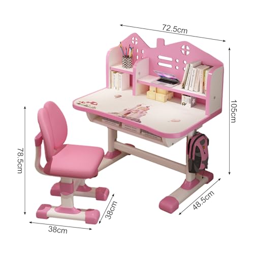 Height Adjustable Desk and Chair Set with Multi Book Stand, Widened Writing Surface, Storage Drawer, Ergonomic Chair and Adjustable Backrest, Functional Workstation Furniture Pink