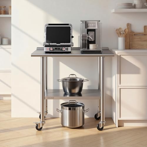 VEVOR Stainless Steel Work Table, 24x36 inch Food Prep Table with Wheels and Backsplash, Commercial Kitchen Workstation with Adjustable Undershelf, Metal Utility Worktable, for Restaurant Home Outdoor