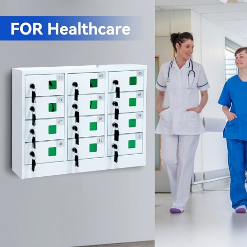Bpatoimsx Secure and Convenient 12 Slots Cell Mobile Phone Metal Storage Cabinet Lockers with Charger Charging Station Cabinet and Key Lock White - Ideal for Students and Employees or Police Station