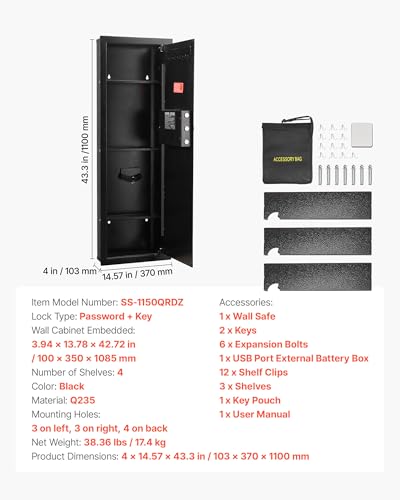 VEVOR 43.3" High Wall Safe, 4-Tier Hidden Wall Mounted Gun Safe with Password & Key, Q235 Cold-Rolled Steel In-Wall Box with LED Lighting, 3 Adjustable Shelves & Key Holders, Black
