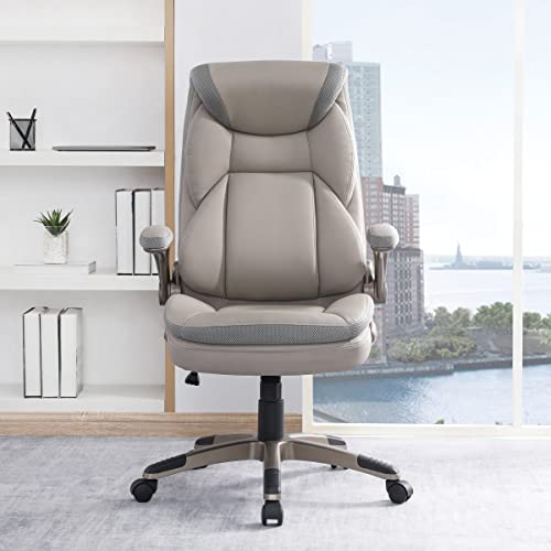 Office Star ECH Series Executive Bonded Leather Office Chair with Lumbar Support and Padded Height Adjustable Arms, Taupe with Cocoa Coated Nylon Base
