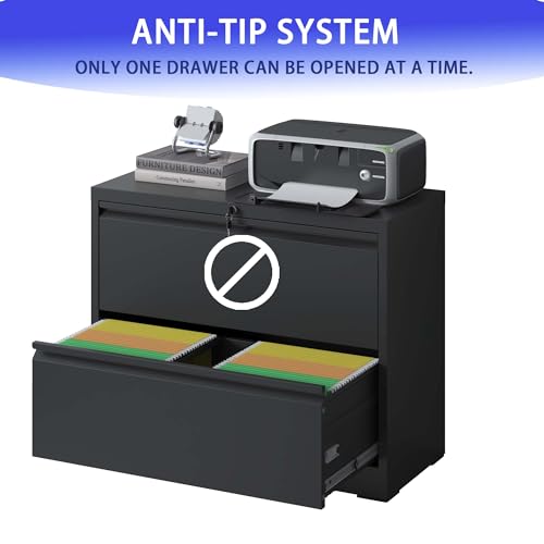 AVGVLIJ Lateral File Cabinet with 2 Drawer, Printer Stand, Lockable File Cabinet for Home Office, Metal Filing Cabinet with Lock for Legal/Letter/ A4/ F4 Size (Black)