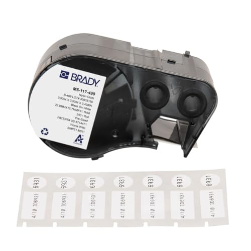 Brady Authentic (M5-117-499) Aggressive Adhesive Multi-Purpose Nylon Labels 0.5 x 0.9 x 0.44 Dia Black on White, 240 Labels. for use with The BMP51 and M511 Label Printers
