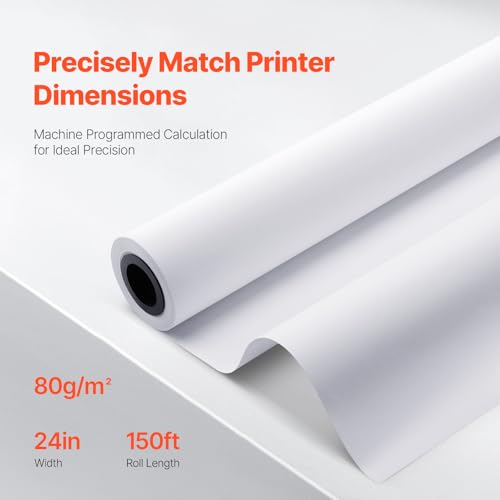 VEVOR Wide Format Paper, 24 in x 150 ft Plotter Media, 6 Rolls CAD Bond Rolls with 2 in Core, 20 LB Bond Rolls, Ideal for CAD Drawings, Engineering Plans, GIS Maps & Architectural Designs